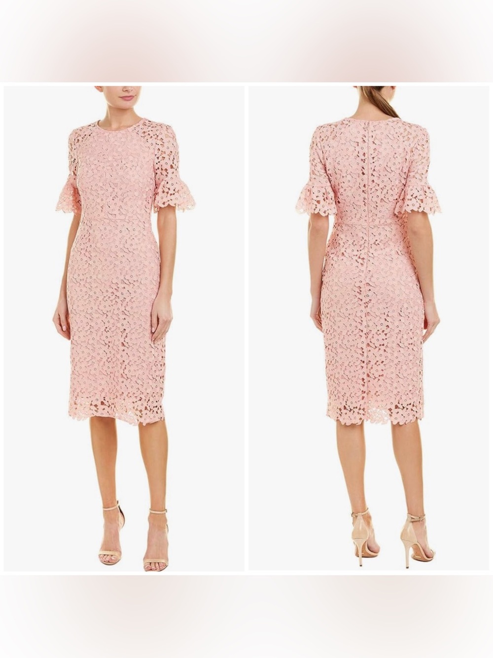 Shoshanna Alberti Pink Crochet Eyelet Floral Lace Short Sleeve Sheath Midi Dress